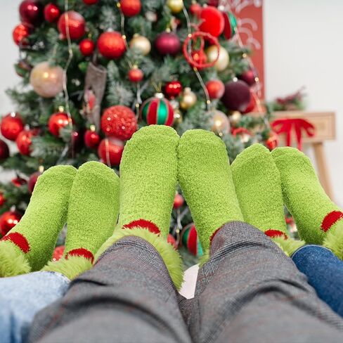 3 أزواج عيد الميلاد جوارب غامضة للنساء الرجال الكبار الجير الأخضر فروي أفخم الجوارب غامض فو الفراء النعال مضحك عيد الميلاد in Kuwait