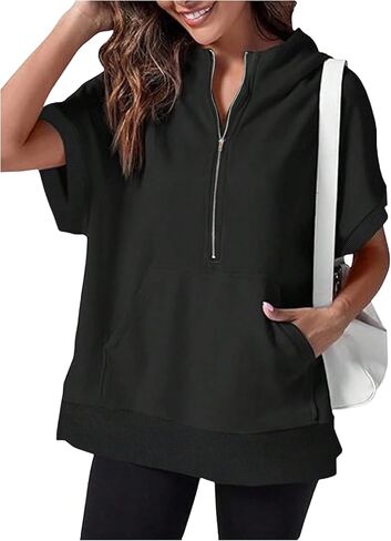 SweatyRocks Women's Oversized Half Zip Hoodies Short Sleeve Split Sweatshirts Pullover Tops with Pocket in Saudi Arabia