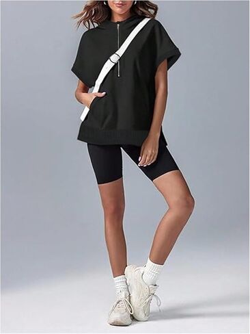 SweatyRocks Women's Oversized Half Zip Hoodies Short Sleeve Split Sweatshirts Pullover Tops with Pocket in Saudi Arabia