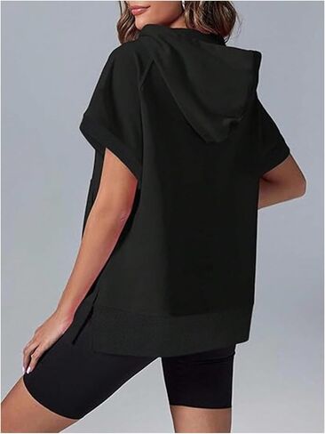 SweatyRocks Women's Oversized Half Zip Hoodies Short Sleeve Split Sweatshirts Pullover Tops with Pocket in Saudi Arabia