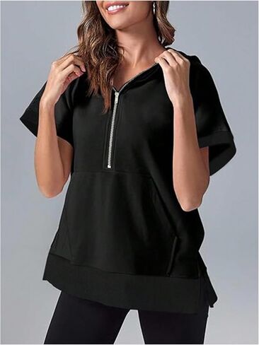 SweatyRocks Women's Oversized Half Zip Hoodies Short Sleeve Split Sweatshirts Pullover Tops with Pocket in Saudi Arabia