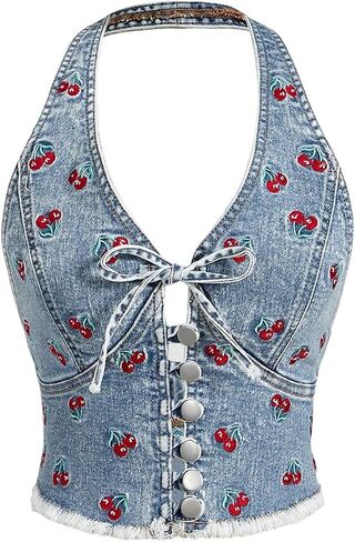 Milumia Women's Cherry Print Deep V Neck Denim Halter Tops Y2K Backless Bow Tie Front Jean Tank Top in Saudi Arabia