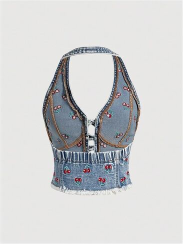 Milumia Women's Cherry Print Deep V Neck Denim Halter Tops Y2K Backless Bow Tie Front Jean Tank Top in Saudi Arabia