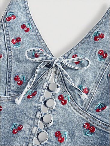 Milumia Women's Cherry Print Deep V Neck Denim Halter Tops Y2K Backless Bow Tie Front Jean Tank Top in Saudi Arabia