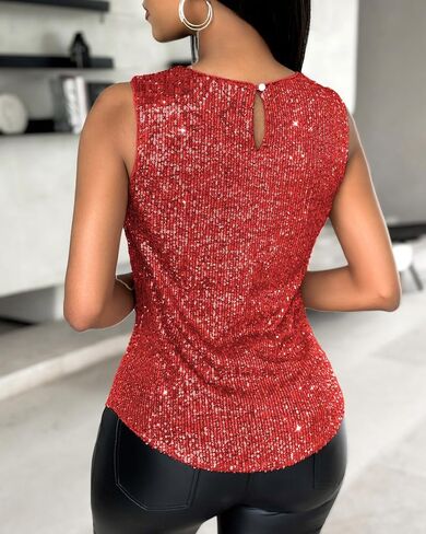 Womens Round Neck Sequin Glitter Sleeveless Tank Top Slim Fit Casual Shirt Office Party Club Streetwear in Saudi Arabia