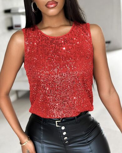 Womens Round Neck Sequin Glitter Sleeveless Tank Top Slim Fit Casual Shirt Office Party Club Streetwear in Saudi Arabia
