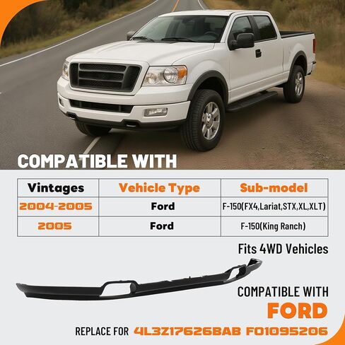 KUAFU الستارة الأمامية المصد متوافقة مع 2004 2005 Ford F-150 FX4، Lariat، STX، XL، XLT، King Ranch (نماذج 4WD) مع استبدال فتحات خطاف السحب لFO1095206 4L3Z17626BAB غطاء المصد السفلي in Kuwait