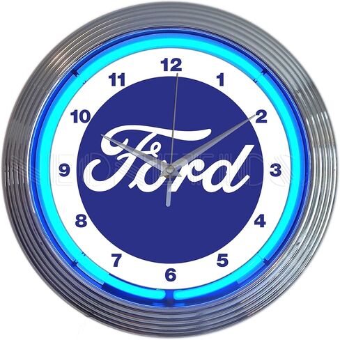 ساعة حائط نيونتيكس بشعار Ford Script باللون الأزرق النيون، حافة وعقارب بلمسة نهائية من الكروم مقاس 15 بوصة، أنبوب زجاجي حقيقي - 8FRDSL - منتج مرخص رسميًا OLP in Kuwait
