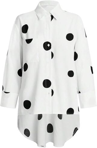 GORGLITTER Women's Polka Dots Long Sleeve Blouses Tops Dressy Casual Button Down High Low Asymmetrical Loose Work Shirt in Saudi Arabia