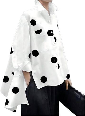 GORGLITTER Women's Polka Dots Long Sleeve Blouses Tops Dressy Casual Button Down High Low Asymmetrical Loose Work Shirt in Saudi Arabia