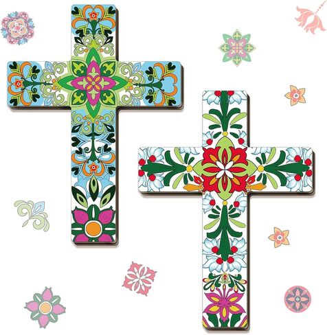 Pinkunn 2 Pcs Floral Cross Wall Decor Mexican Home Decor Hand Painted The Ofrenda of the Dead Day Sugar Skull Art Spanish Style Crucifix Wall Cross for Home Room Church Decoration in Kuwait
