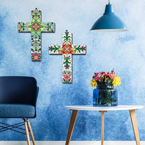 Pinkunn 2 Pcs Floral Cross Wall Decor Mexican Home Decor Hand Painted The Ofrenda of the Dead Day Sugar Skull Art Spanish Style Crucifix Wall Cross for Home Room Church Decoration in Kuwait