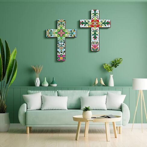 Pinkunn 2 Pcs Floral Cross Wall Decor Mexican Home Decor Hand Painted The Ofrenda of the Dead Day Sugar Skull Art Spanish Style Crucifix Wall Cross for Home Room Church Decoration in Kuwait