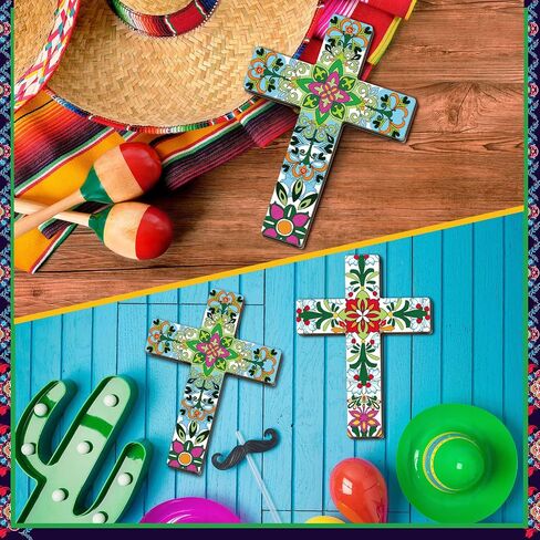 Pinkunn 2 Pcs Floral Cross Wall Decor Mexican Home Decor Hand Painted The Ofrenda of the Dead Day Sugar Skull Art Spanish Style Crucifix Wall Cross for Home Room Church Decoration in Kuwait