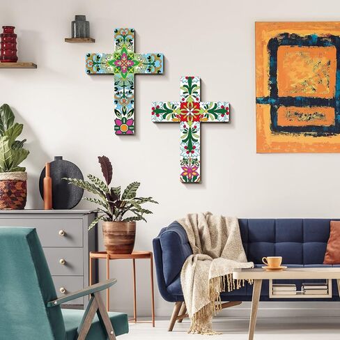 Pinkunn 2 Pcs Floral Cross Wall Decor Mexican Home Decor Hand Painted The Ofrenda of the Dead Day Sugar Skull Art Spanish Style Crucifix Wall Cross for Home Room Church Decoration in Kuwait