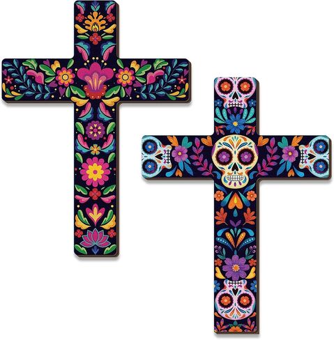 Pinkunn 2 Pcs Floral Cross Wall Decor Mexican Home Decor Hand Painted The Ofrenda of the Dead Day Sugar Skull Art Spanish Style Crucifix Wall Cross for Home Room Church Decoration in Kuwait