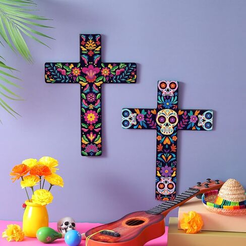 Pinkunn 2 Pcs Floral Cross Wall Decor Mexican Home Decor Hand Painted The Ofrenda of the Dead Day Sugar Skull Art Spanish Style Crucifix Wall Cross for Home Room Church Decoration in Kuwait