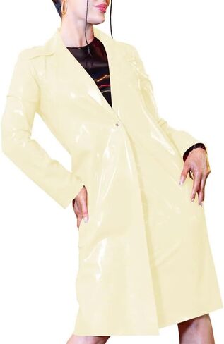Fashion Slim PVC Shiny Trench Coats Turn-down Collar Faux Latex Midi Outwear Casual in Saudi Arabia