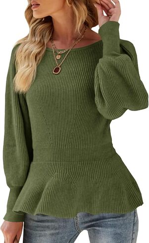 Womens 2024 Fall Puff Sleeve Peplum Casual Slim Fit Knit Pullover Sweater Jumper Tops in Kuwait