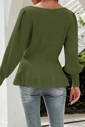 Womens 2024 Fall Puff Sleeve Peplum Casual Slim Fit Knit Pullover Sweater Jumper Tops in Kuwait