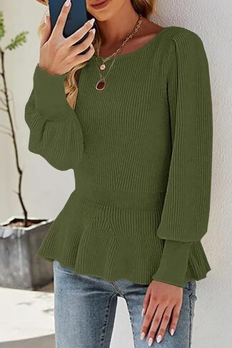 Womens 2024 Fall Puff Sleeve Peplum Casual Slim Fit Knit Pullover Sweater Jumper Tops in Kuwait