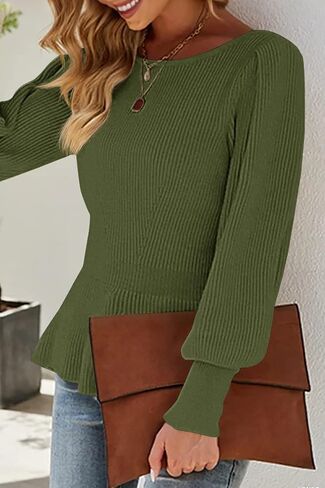 Womens 2024 Fall Puff Sleeve Peplum Casual Slim Fit Knit Pullover Sweater Jumper Tops in Kuwait