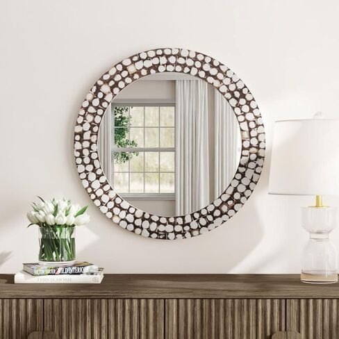 East at Main Round White Wall Mirror with Coconut Shell Frame – 28.25" Handcrafted Boho Accent Mirror for Bathroom, Living Room, or Entryway – Decorative Rustic Mirror with Painted Natural Texture in Saudi Arabia