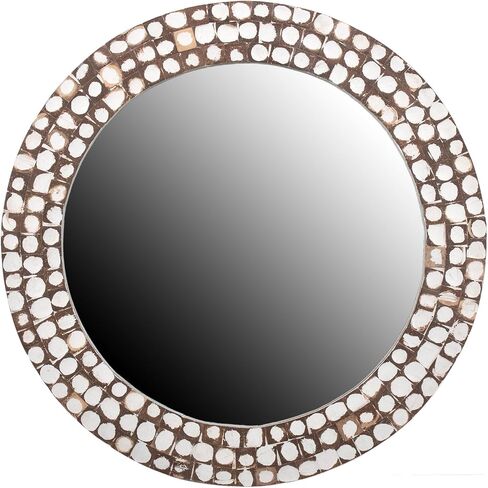East at Main Round White Wall Mirror with Coconut Shell Frame – 28.25" Handcrafted Boho Accent Mirror for Bathroom, Living Room, or Entryway – Decorative Rustic Mirror with Painted Natural Texture in Saudi Arabia