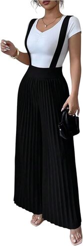 Floerns Women's Suspender Pants Elastic Waist Pleated Wide Leg Overall Jumpsuit in Saudi Arabia