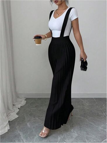 Floerns Women's Suspender Pants Elastic Waist Pleated Wide Leg Overall Jumpsuit in Saudi Arabia