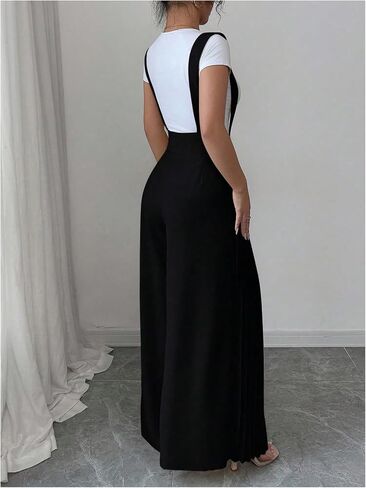 Floerns Women's Suspender Pants Elastic Waist Pleated Wide Leg Overall Jumpsuit in Saudi Arabia