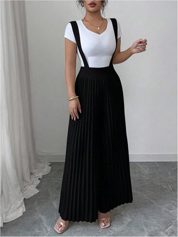 Floerns Women's Suspender Pants Elastic Waist Pleated Wide Leg Overall Jumpsuit in Saudi Arabia