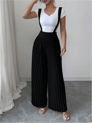 Floerns Women's Suspender Pants Elastic Waist Pleated Wide Leg Overall Jumpsuit in Saudi Arabia