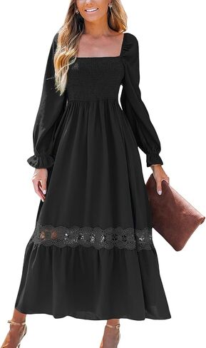 CUPSHE Womens Fall Dresses 2025 Square Neck Smocked Long Sleeve Ruffled Lace Long Formal A Line Maxi Wedding Guest Dress in Saudi Arabia