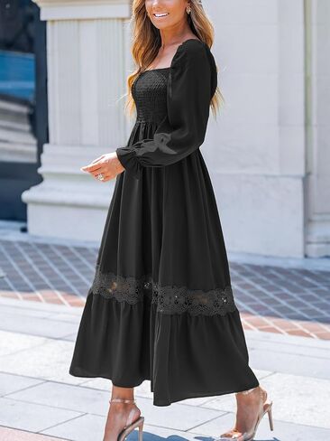 CUPSHE Womens Fall Dresses 2025 Square Neck Smocked Long Sleeve Ruffled Lace Long Formal A Line Maxi Wedding Guest Dress in Saudi Arabia