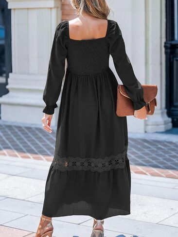 CUPSHE Womens Fall Dresses 2025 Square Neck Smocked Long Sleeve Ruffled Lace Long Formal A Line Maxi Wedding Guest Dress in Saudi Arabia