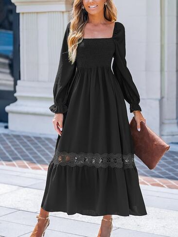 CUPSHE Womens Fall Dresses 2025 Square Neck Smocked Long Sleeve Ruffled Lace Long Formal A Line Maxi Wedding Guest Dress in Saudi Arabia