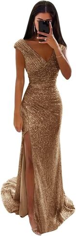 Sequin Long Prom Dresses for Women 2025 Mermaid Sparkly Ruched Formal Evening Gown with Slit in Saudi Arabia