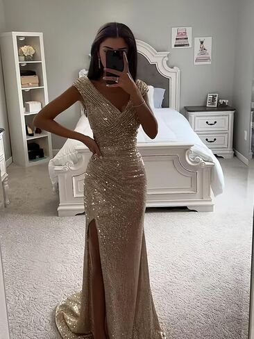 Sequin Long Prom Dresses for Women 2025 Mermaid Sparkly Ruched Formal Evening Gown with Slit in Saudi Arabia