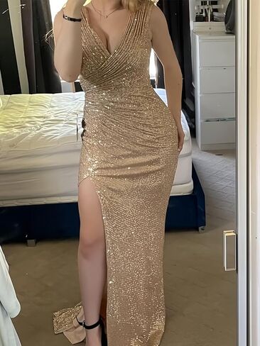Sequin Long Prom Dresses for Women 2025 Mermaid Sparkly Ruched Formal Evening Gown with Slit in Saudi Arabia