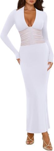 REORIA Women's Sexy Deep V Neck Long Sleeve Dress Mesh Sheer Ruched See Through Bodycon Maxi Long Dresses in Saudi Arabia