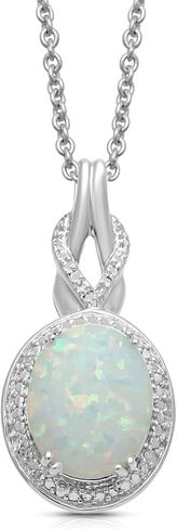 Jewelili Created Oval Opal Necklace Pendant for Women with Diamonds and October Birthstone in Sterling Silver 18" Rolo Chain in Saudi Arabia