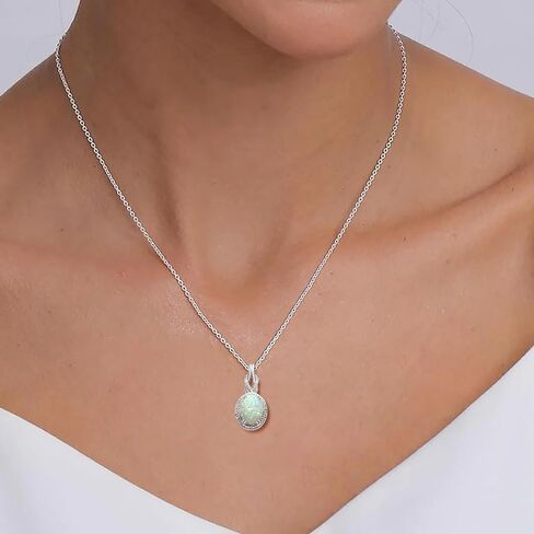 Jewelili Created Oval Opal Necklace Pendant for Women with Diamonds and October Birthstone in Sterling Silver 18" Rolo Chain in Saudi Arabia