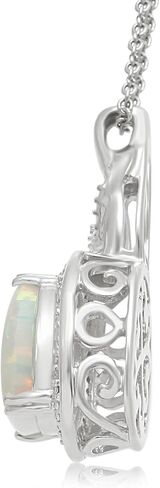 Jewelili Created Oval Opal Necklace Pendant for Women with Diamonds and October Birthstone in Sterling Silver 18" Rolo Chain in Saudi Arabia