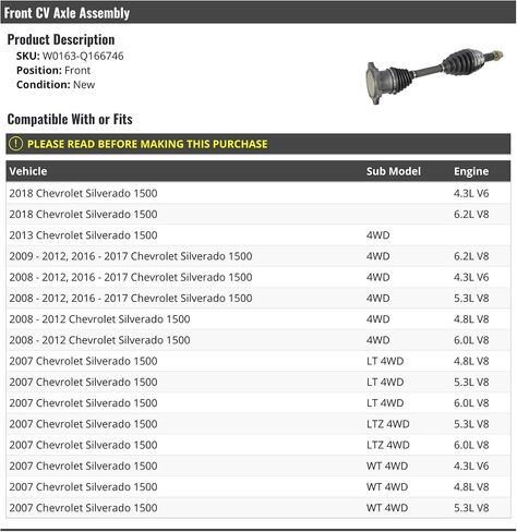 Front CV Axle Assembly - Compatible with 2007-2013, 2016-2018 Chevy Silverado 1500 in Saudi Arabia