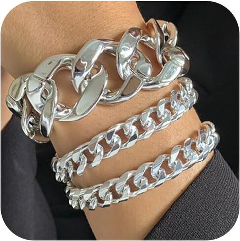 3Pcs Gold Chunky Cuba Chain Bracelets Set for Women Exaggerated Large Silver Cuban Link Bracelet Fashion Hip Hop Statement Jewelry Plus Size Accessories in Saudi Arabia
