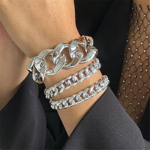 3Pcs Gold Chunky Cuba Chain Bracelets Set for Women Exaggerated Large Silver Cuban Link Bracelet Fashion Hip Hop Statement Jewelry Plus Size Accessories in Saudi Arabia