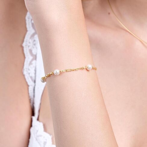 MIONZA 18K Gold Vermeil Pearl Station Beaded Chain Bracelet for Women Adjustable, Minimalist Dainty Chain Simple Gift for Her in Saudi Arabia