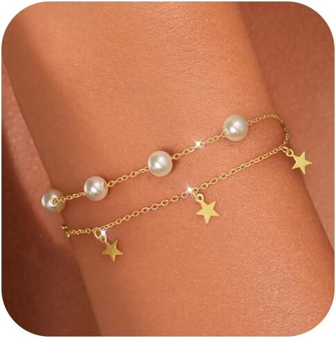 Pearl Bracelets for Women 925 Sterling Silver Stars Chain Bracelets 14k Gold Plated Pearl Layered Bracelets Non Tarnish Bridesmaid Proposal Wedding Birthday Jewelry Gift in Saudi Arabia