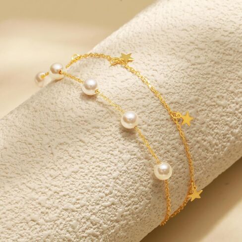 Pearl Bracelets for Women 925 Sterling Silver Stars Chain Bracelets 14k Gold Plated Pearl Layered Bracelets Non Tarnish Bridesmaid Proposal Wedding Birthday Jewelry Gift in Saudi Arabia